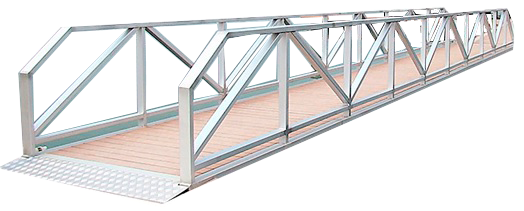 Pasarela de aluminio con estructura de celosía y piso de madera plástica